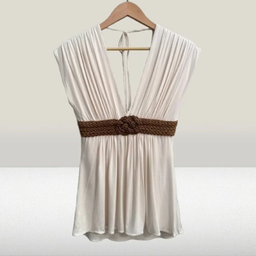 NEW Sky Women Deep V-Neck Top Braided Rope Belt Cream Large - Picture 1 of 3